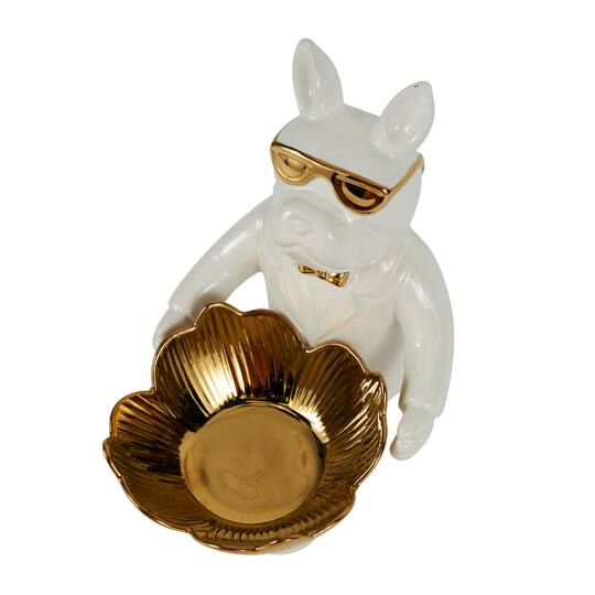 8" White Ceramic Bulldog Sculpture with Gold Accents